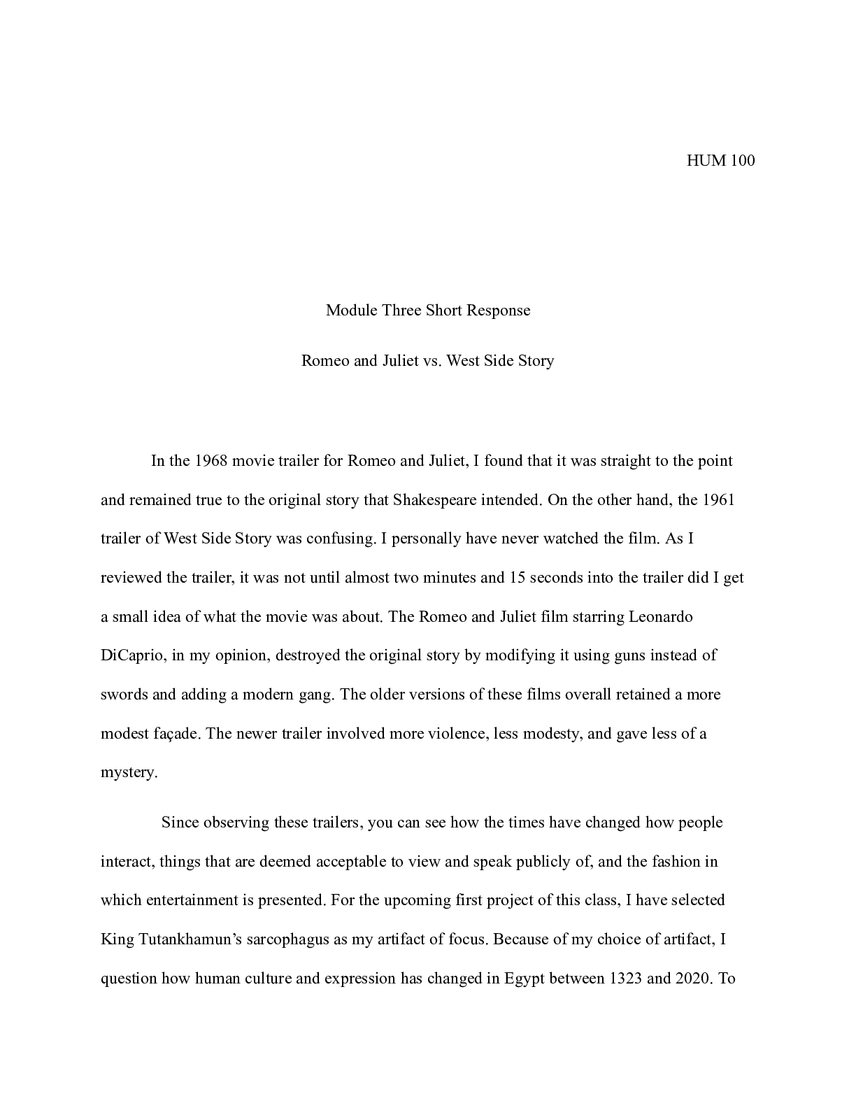 Preview image for HUM 100 Module Three Short Response|    HUM 100  Module Three Short Response  Romeo an